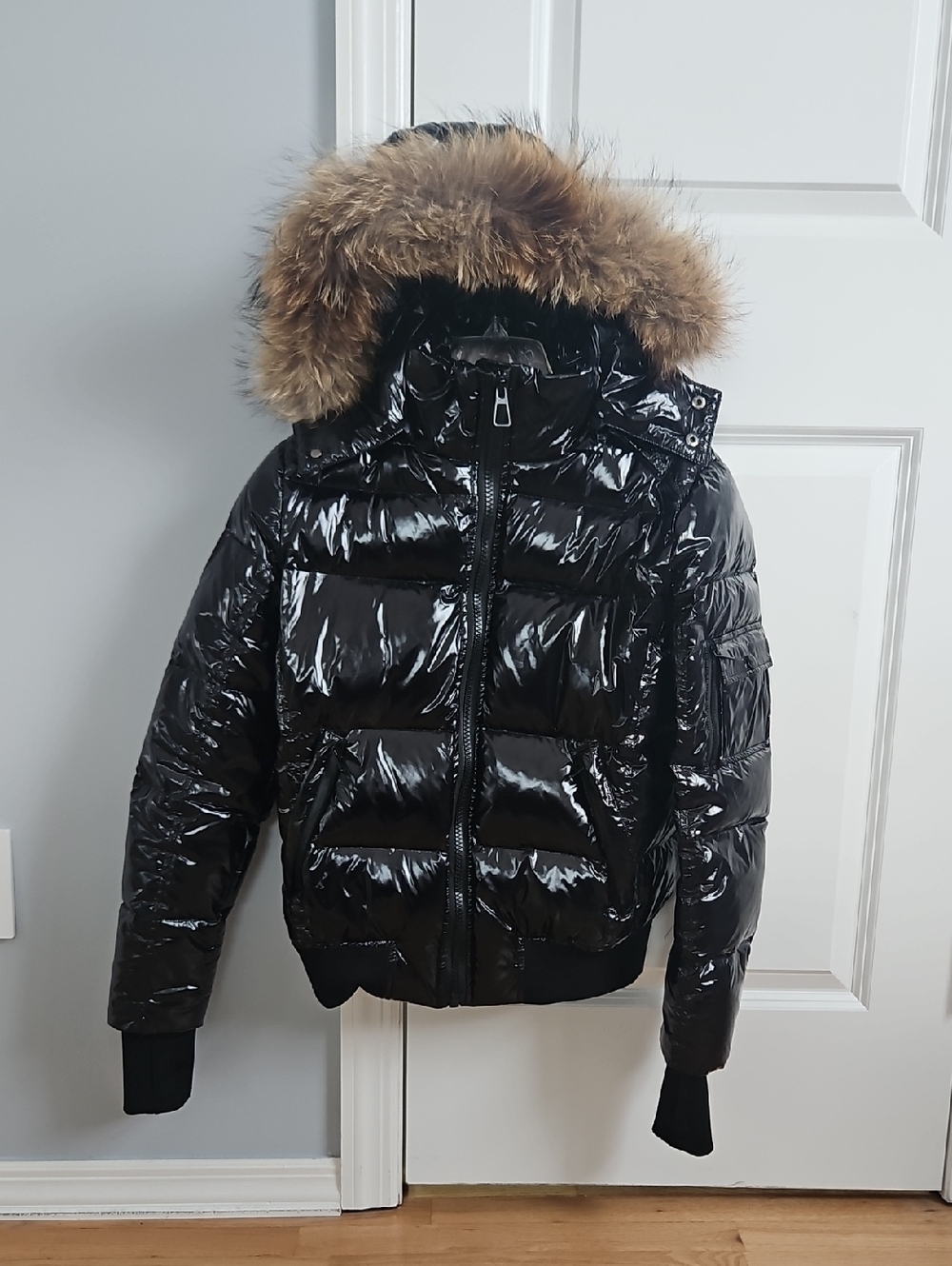 Duck Down Shiny Black Puffer Jacket with Real Fur Hood